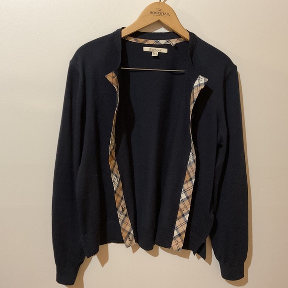 Preppy Barbour women’s classic navy cardigan sweater with tartan trim - Picture 5 of 7